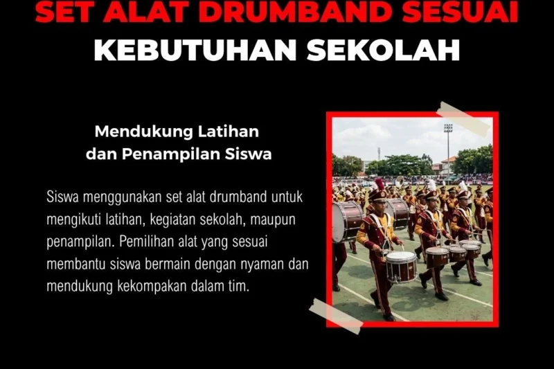 Siswa sekolah menggunakan set alat drumband